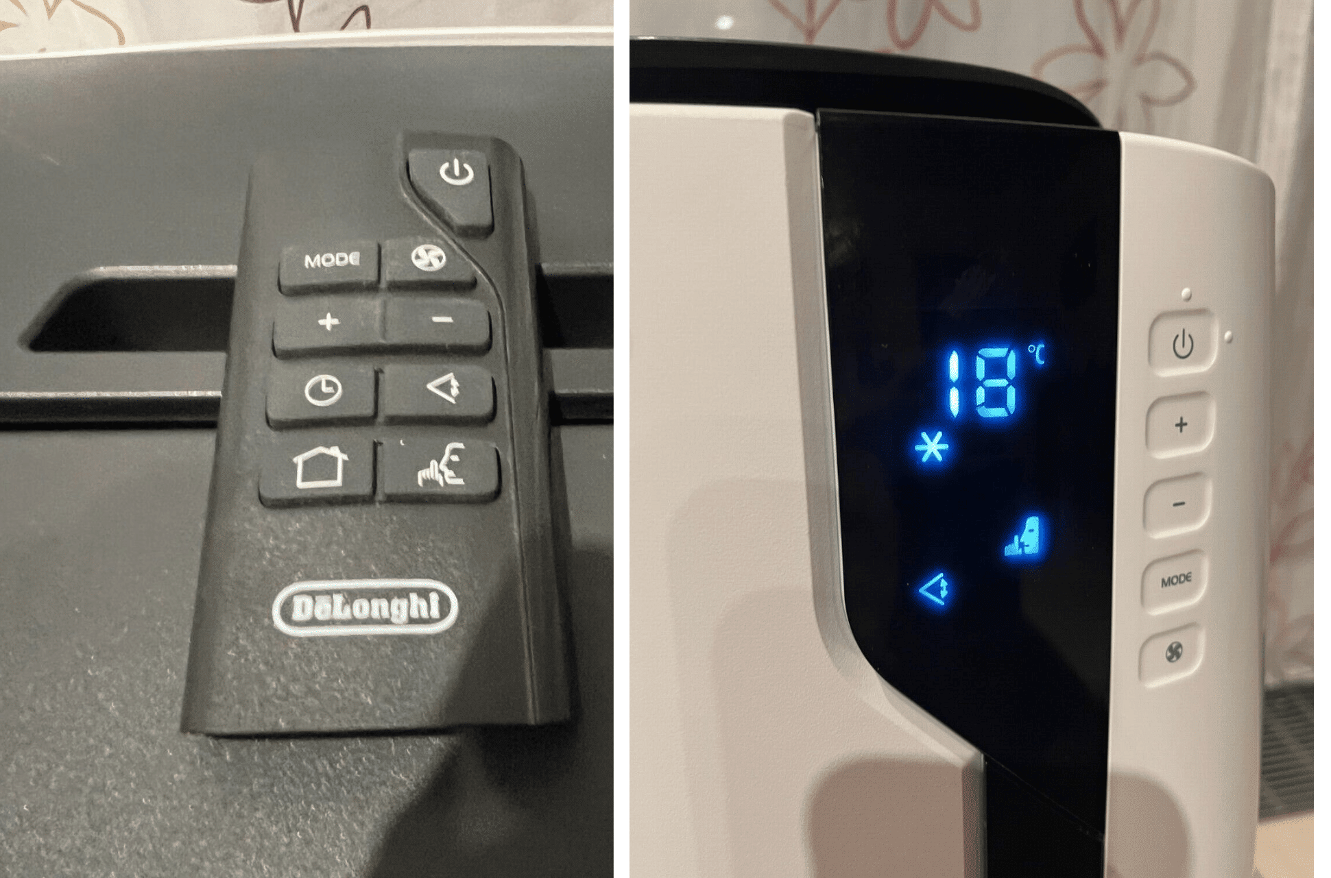  Das Bedienelement und die Fernbedienung der De’longhi Pinguino PAC EX100 mobilen Klimaanlage ist zu sehen.